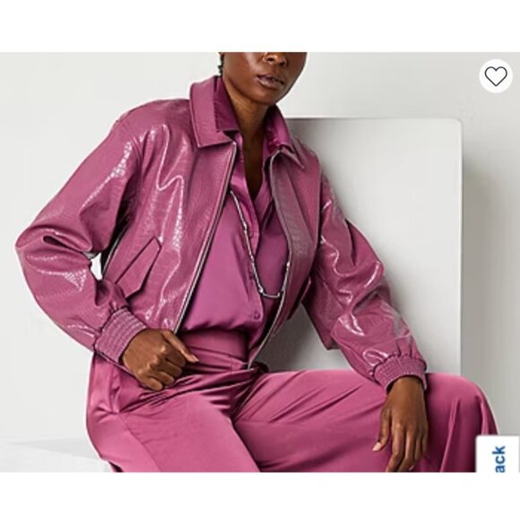NWT-Worthington Womens Faux Croc Leather Bomber Jacket & mini Skirt Set Pink - Picture 3 of 16